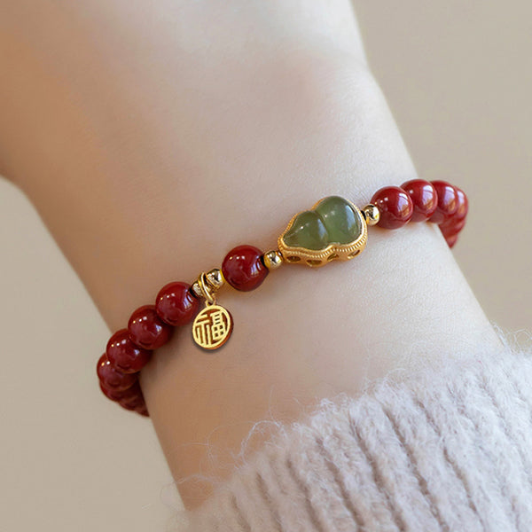 Cinnabar Bracelet with Gourd & Gold-Inlaid Jade Charm | Buddhist Feng Shui Talisman for Protection, Wealth & Blessings | Ideal Gift Collection