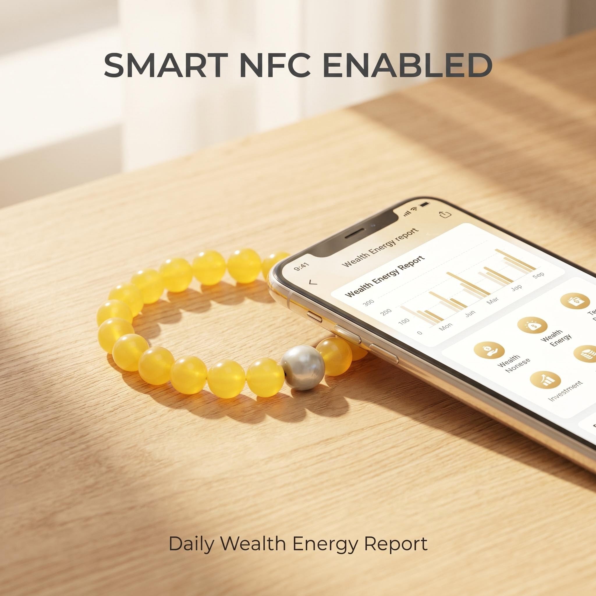 Citrine Wealth Bracelet, Yellow Chalcedony Energy Beads with NFC
