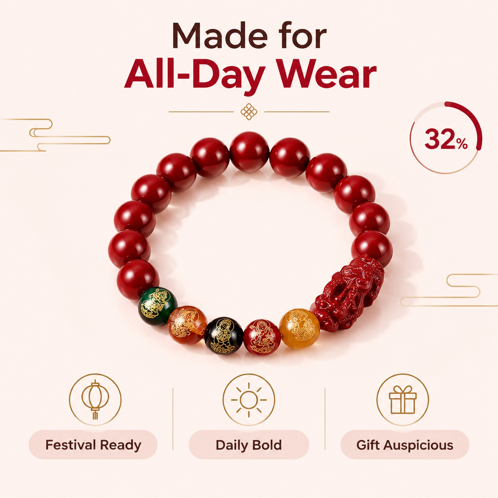 Five Wealth Gods Cinnabar-Look Bracelet — image 6
