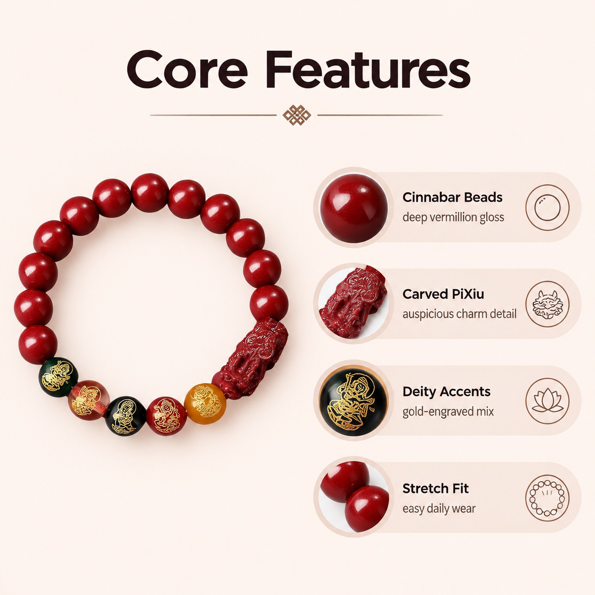 Five Wealth Gods Cinnabar-Look Bracelet — image 1