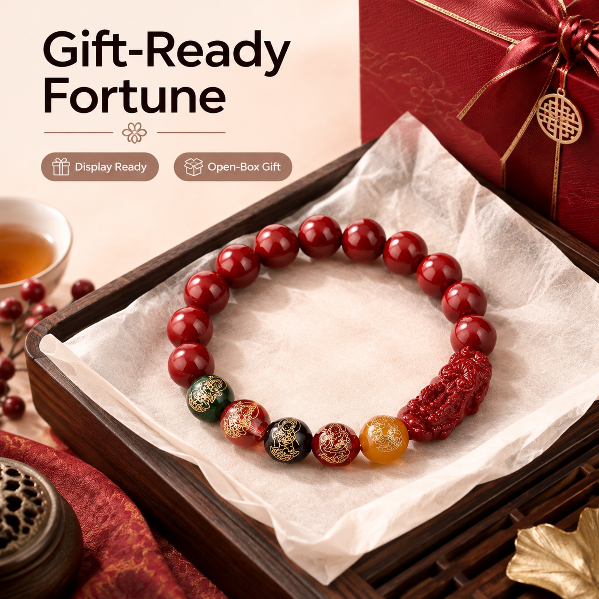 Five Wealth Gods Cinnabar-Look Bracelet — image 8